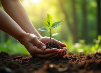Réchauffement climatique : quel arbre planter pour l’environnement ? Jeune plant being planté par des mains diverses dans une forêt verte