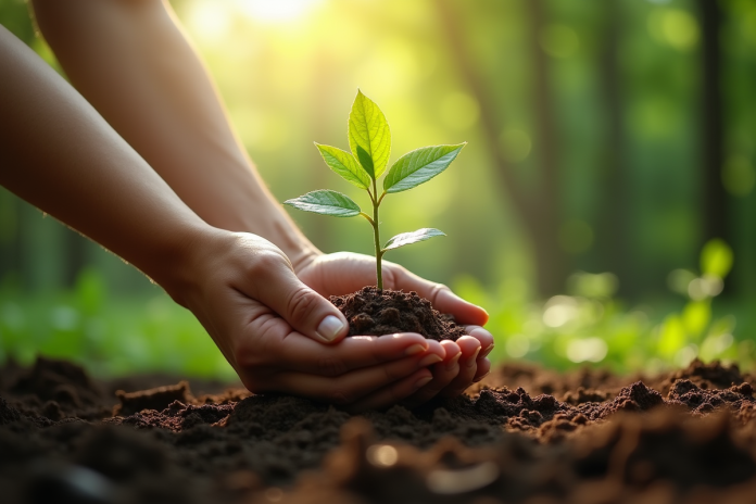 Jeune plant being planté par des mains diverses dans une forêt verte