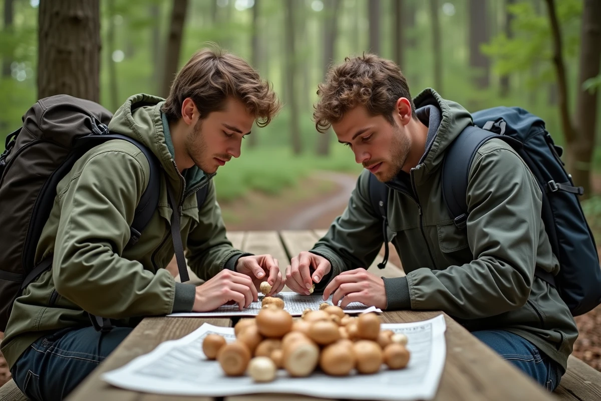 Jeunes hommes triant des champignons au bois