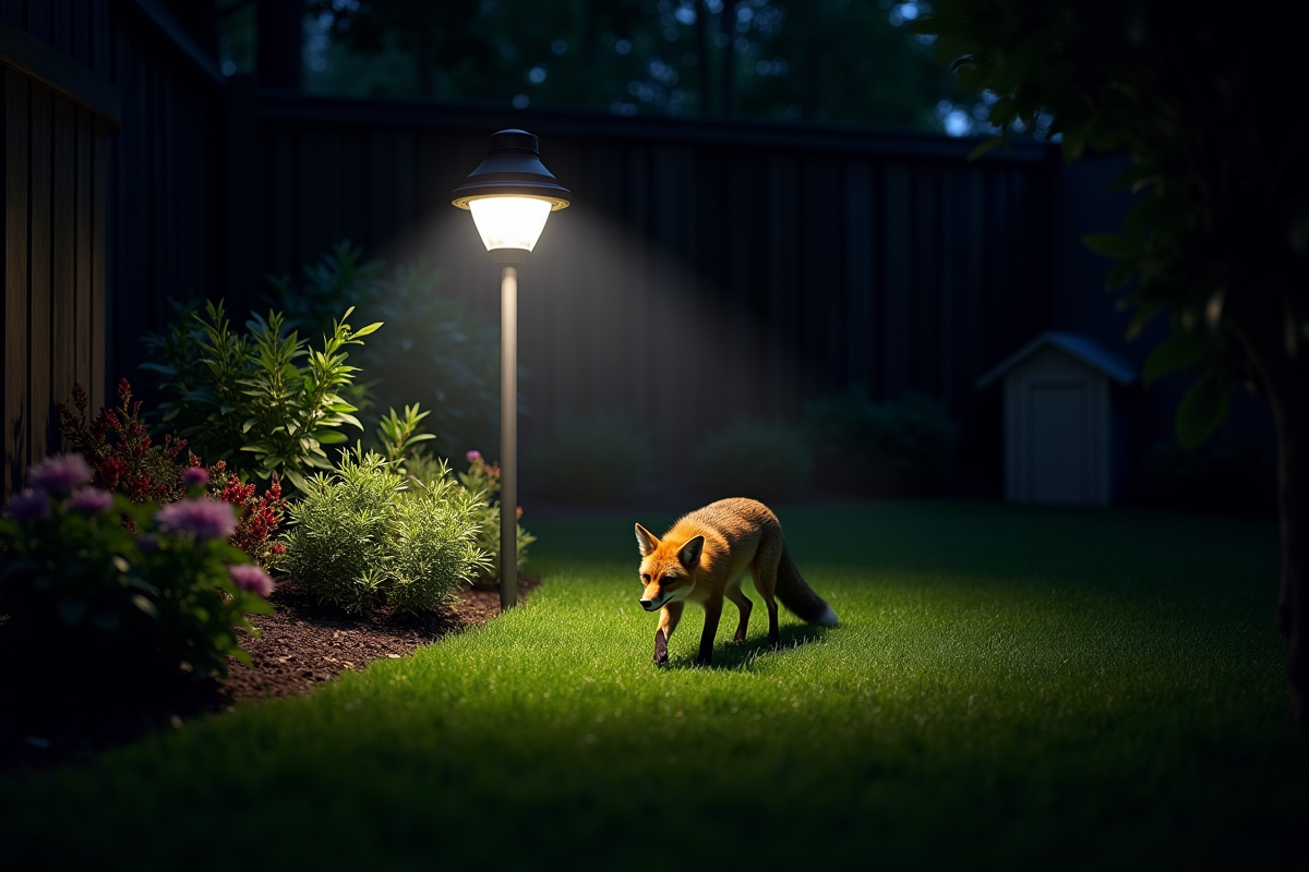 Lumière de jardin nocturne illuminant un renard effrayé