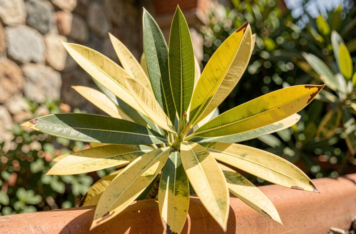 Feuilles de laurier rose jaunissantes sur un pot en terre cuite dans un jardin méditerranéen