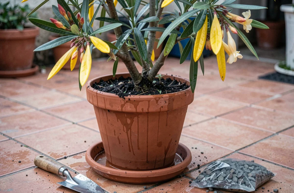 Laurier rose en pot sur terrasse avec excès d'eau dans la soucoupe et feuilles jaunes tombantes, signes de surrosage