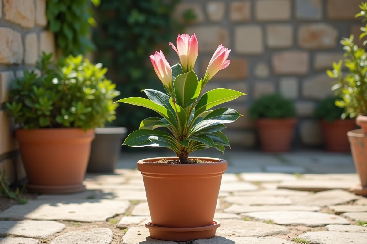 Jeune laurier rose en pot sur une terrasse en pierre avec des boutons floraux roses, cultivé à partir d'une bouture réussie