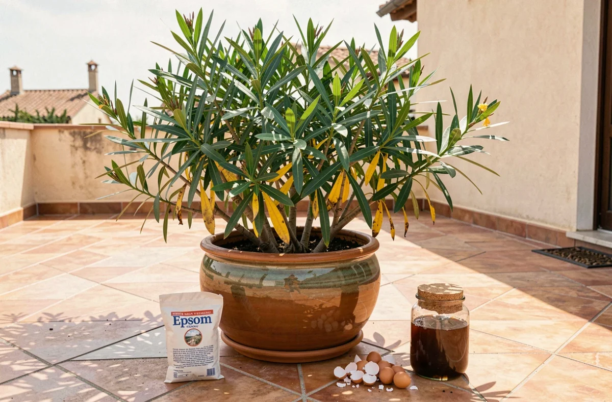 Laurier rose en reprise de santé avec des remèdes naturels posés sur une terrasse en carrelage méditerranéen