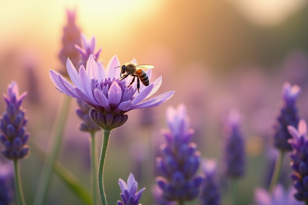 Une fleur de lavande avec une abeille en vol au-dessus