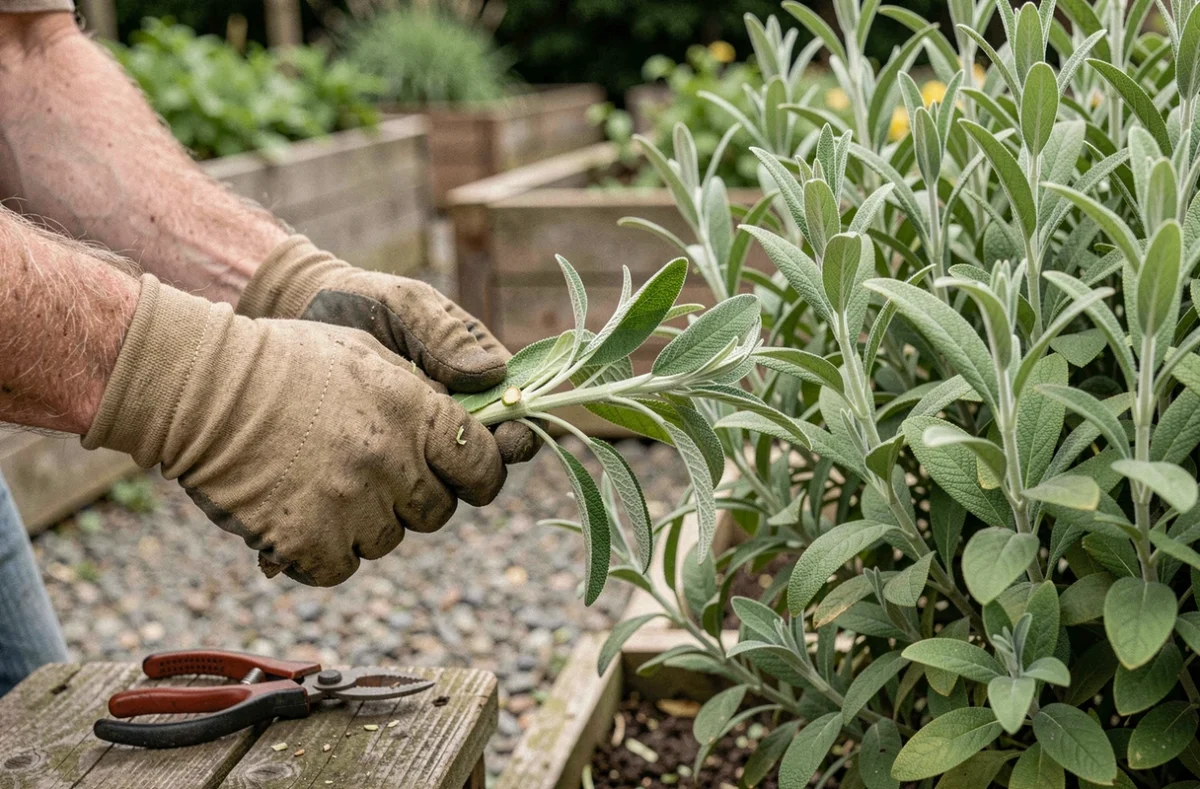 Gros plan sur des mains gantées tenant des tiges de sauge fraîchement taillées dans un potager