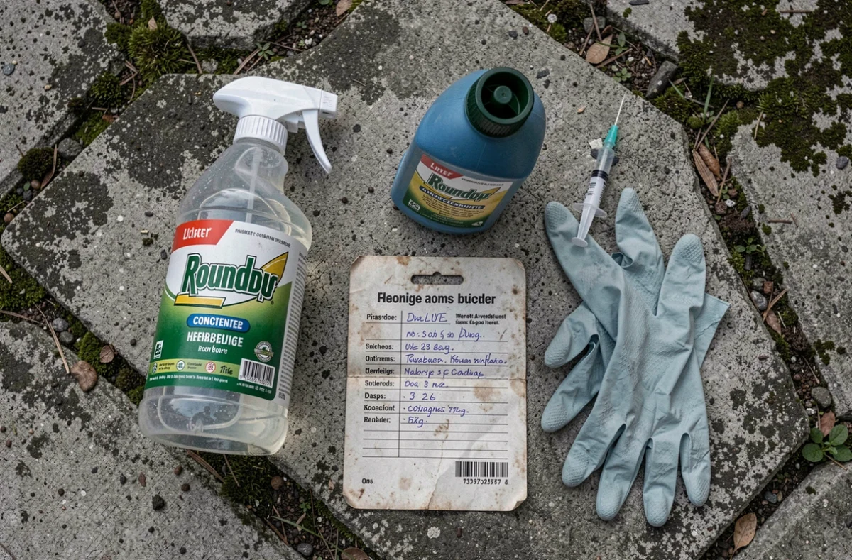 Vue aérienne du matériel de dosage Roundup pour 1 litre incluant pulvérisateur, seringue de mesure, gants et notice d'utilisation