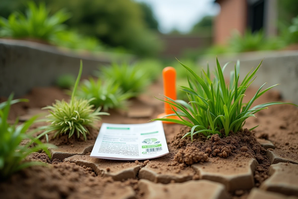 Gros plan sur des mauvaises herbes dans un potager avec une notice de désherbant radikal posée au sol avant préparation du sol