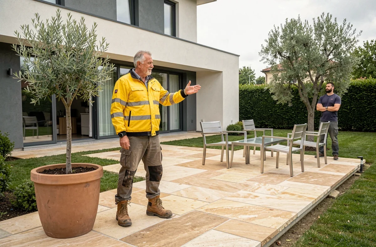 Responsable de Max Aménagement supervisant la pose d'une terrasse en pierre naturelle dans un jardin contemporain de la métropole lyonnaise
