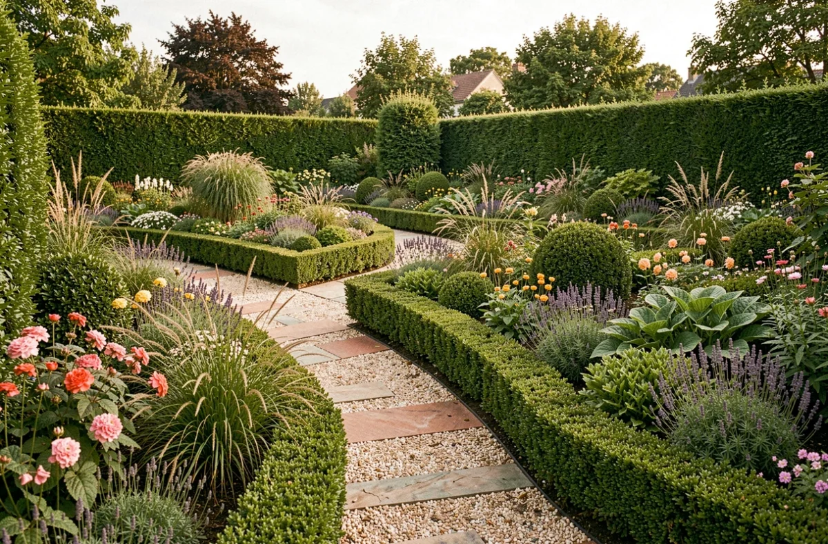 Vue d'ensemble d'un jardin paysager luxuriant en Île-de-France avec allées en pierre, haies taillées et massifs de fleurs colorés