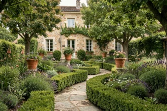 Vue d'ensemble d'un jardin résidentiel luxuriant dans le Rhône, avec allée en pierre, haies taillées et maison de caractère en arrière-plan