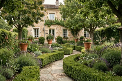Vue d'ensemble d'un jardin résidentiel luxuriant dans le Rhône, avec allée en pierre, haies taillées et maison de caractère en arrière-plan