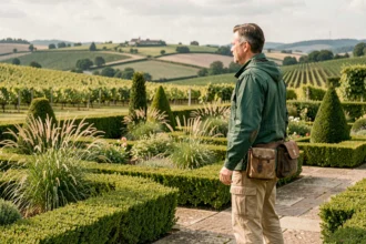 Paysagiste professionnel en Côte-d'Or contemplant un jardin soigné avec les collines bourguignonnes en arrière-plan