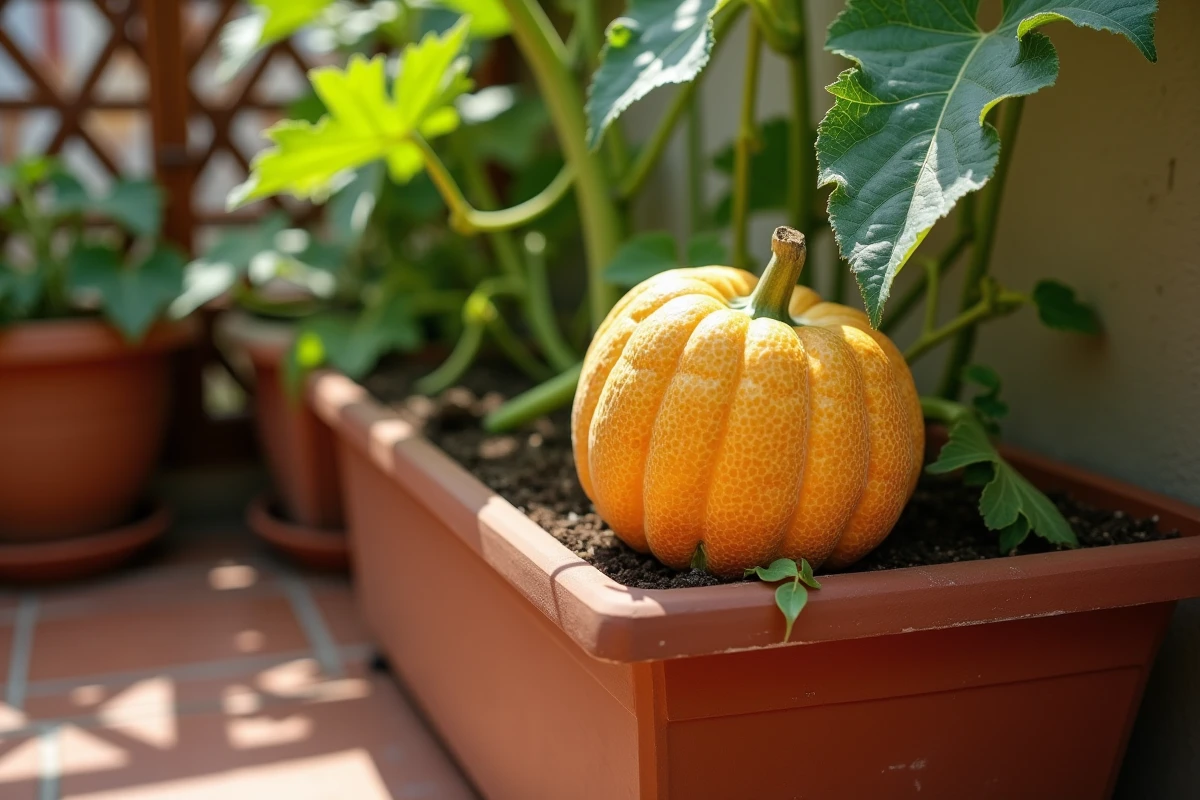 Melon cantaloup mûr encore attaché à sa tige dans un bac à plantes sur un balcon ensoleillé en carrelage terracotta