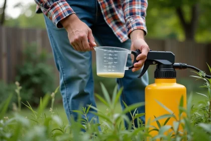 Homme mesurant herbicide dans un jardin en extérieur