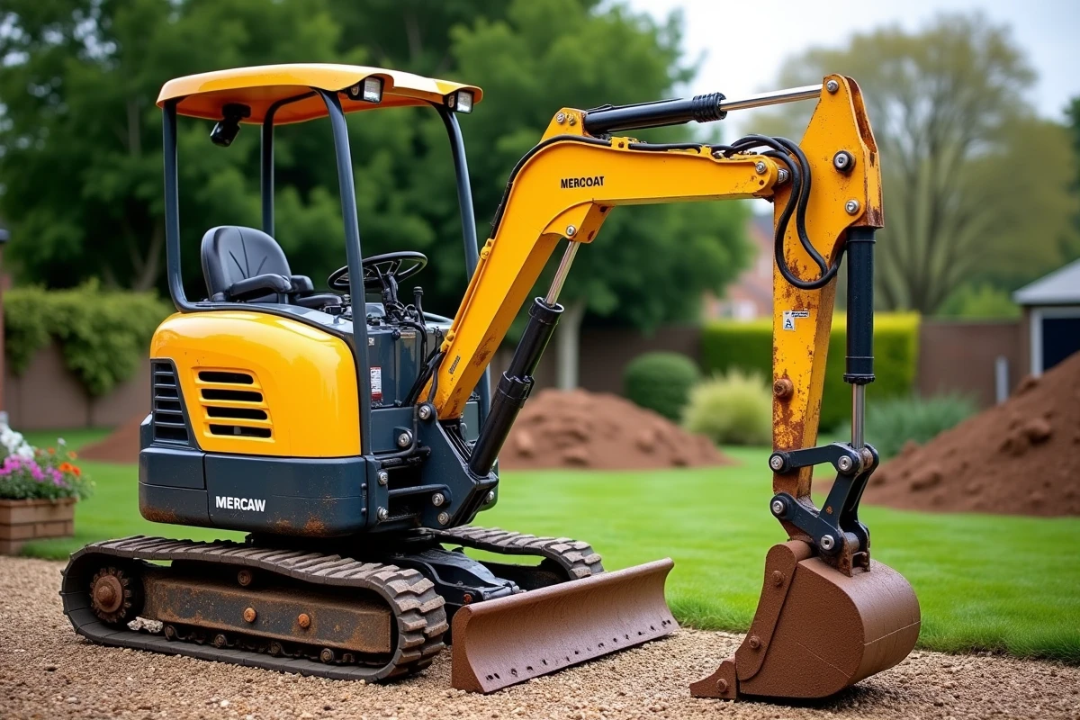 Mini pelle jaune compacte garée sur un chemin de gravier dans un jardin en cours de rénovation
