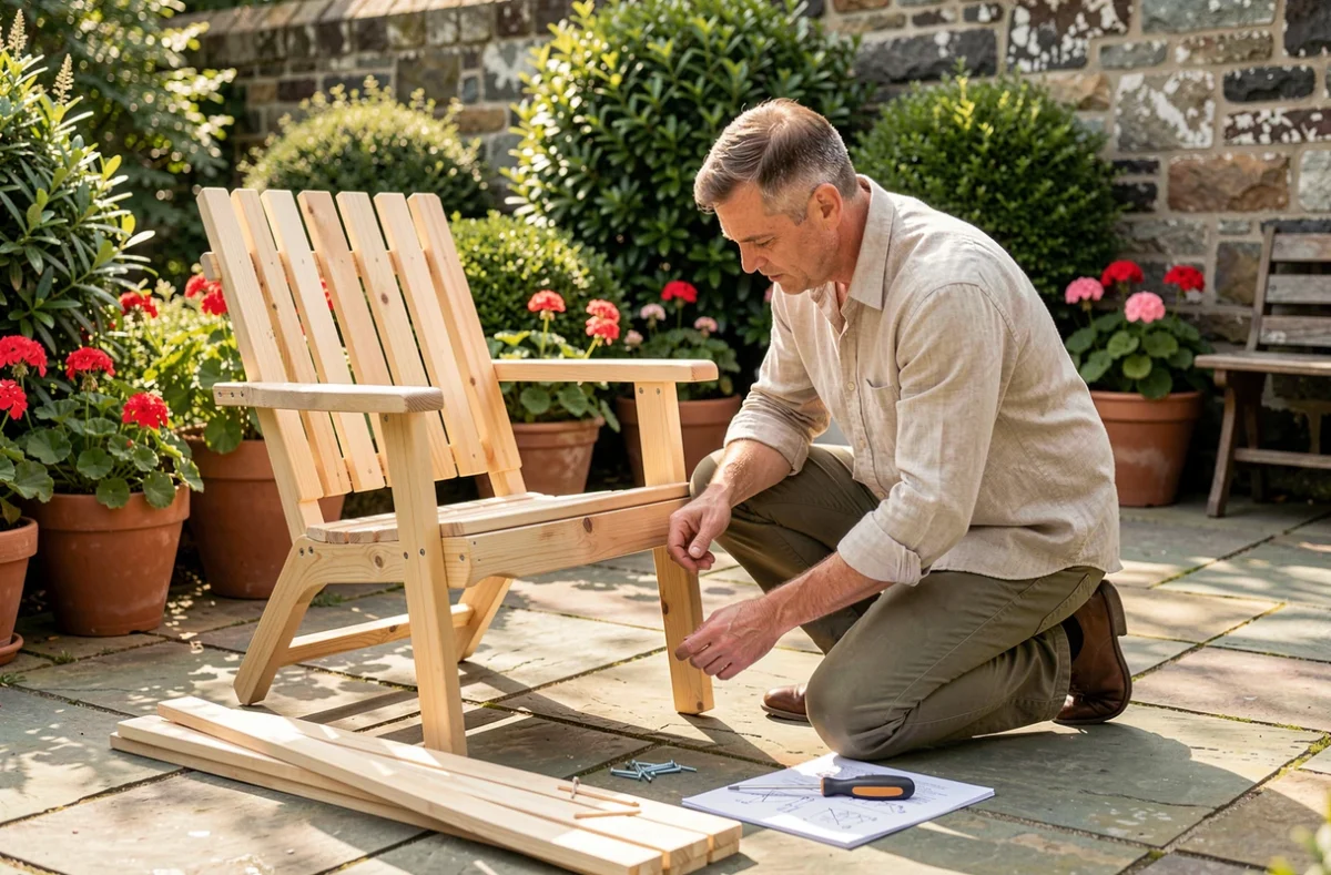 Homme assemblant un fauteuil de jardin en bois en kit sur une terrasse en pierre, avec des pièces en bois et des vis au sol