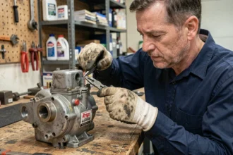 Mécanicien installant un ressort régulateur sur un moteur Briggs et Stratton dans un atelier de garage