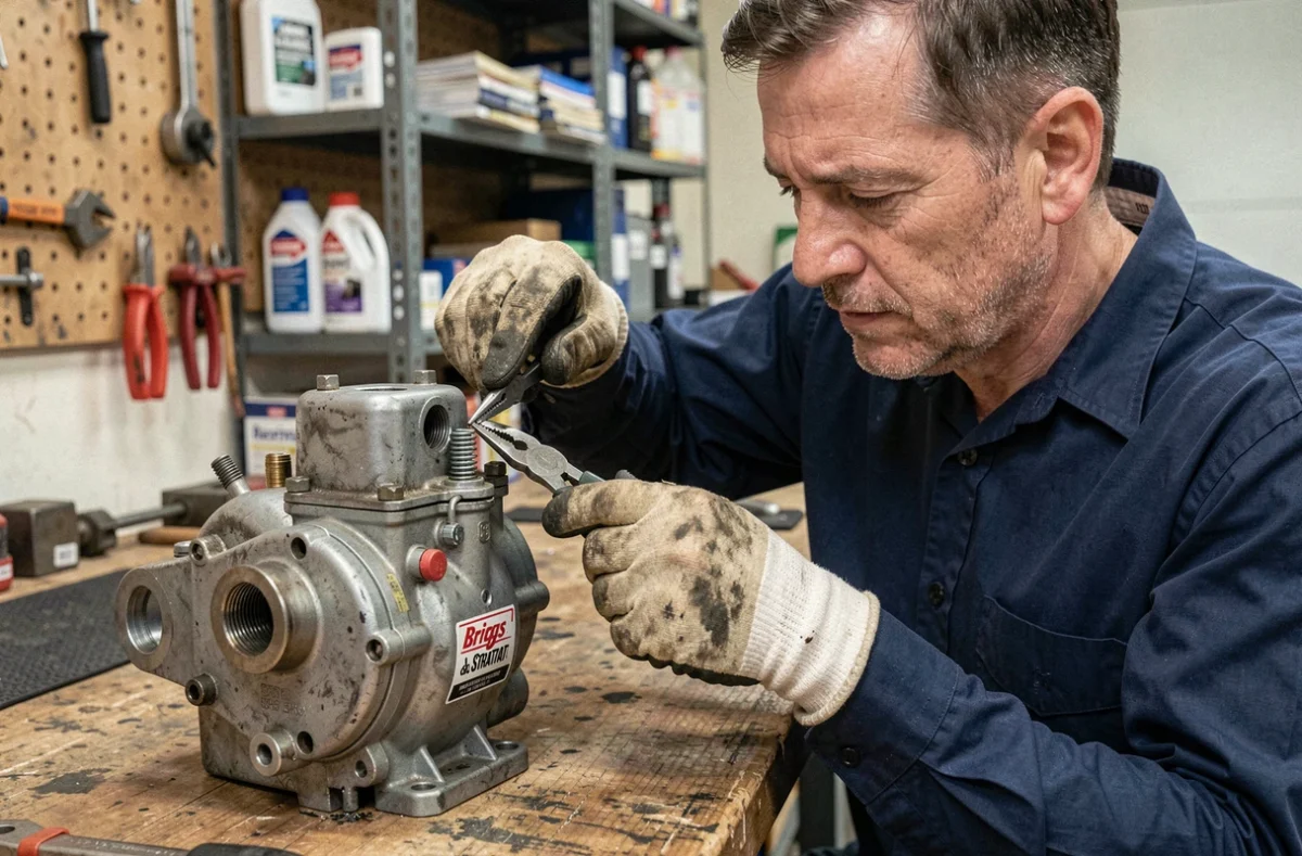 Mécanicien installant un ressort régulateur sur un moteur Briggs et Stratton dans un atelier de garage