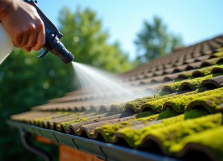 Meilleur antimousse pour toiture : choisir le produit efficace et durable Couvreur appliquant un spray anti-mousse sur une toiture en tuiles sous un ciel bleu