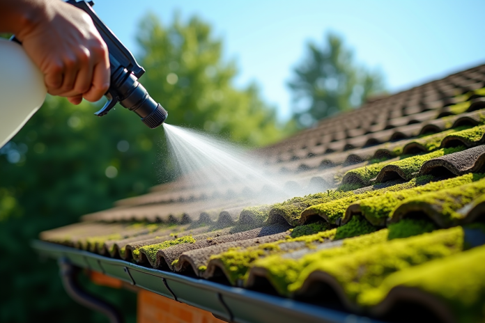 Couvreur appliquant un spray anti-mousse sur une toiture en tuiles sous un ciel bleu