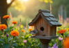 Petit nichoir en bois dans un jardin ensoleille avec un moineau