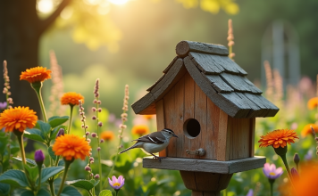 Les 7 meilleures idées de cache pour moineau dans votre jardin Petit nichoir en bois dans un jardin ensoleille avec un moineau