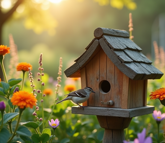 Les 7 meilleures idées de cache pour moineau dans votre jardin Petit nichoir en bois dans un jardin ensoleille avec un moineau