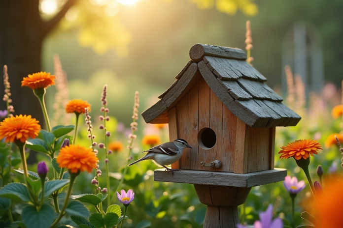 Petit nichoir en bois dans un jardin ensoleille avec un moineau