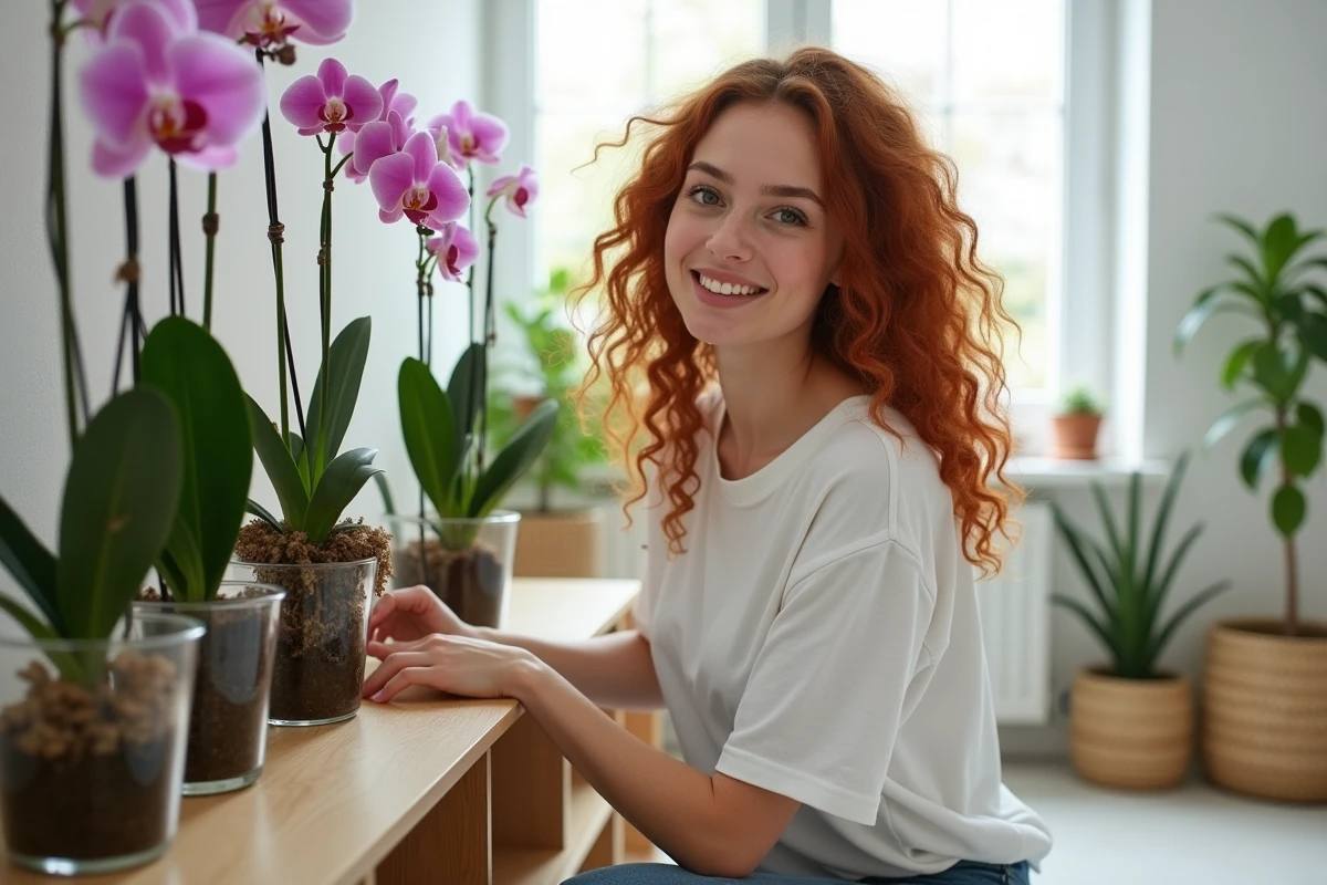 Jeune femme observant une orchidée aux racines gorgées d'eau dans un pot en plastique transparent