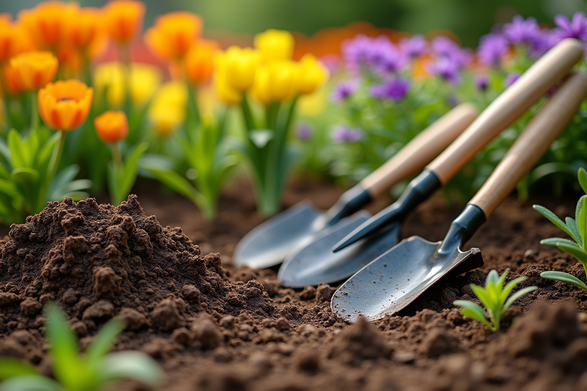 Outils de jardinage posés sur la terre avec mauvaises herbes fraîchement enlevées