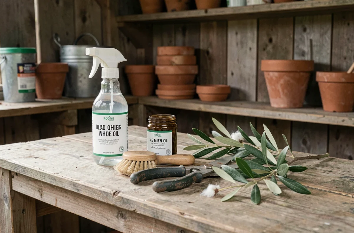 Établi de jardinage avec produits naturels pour traiter et prévenir les cochenilles sur olivier