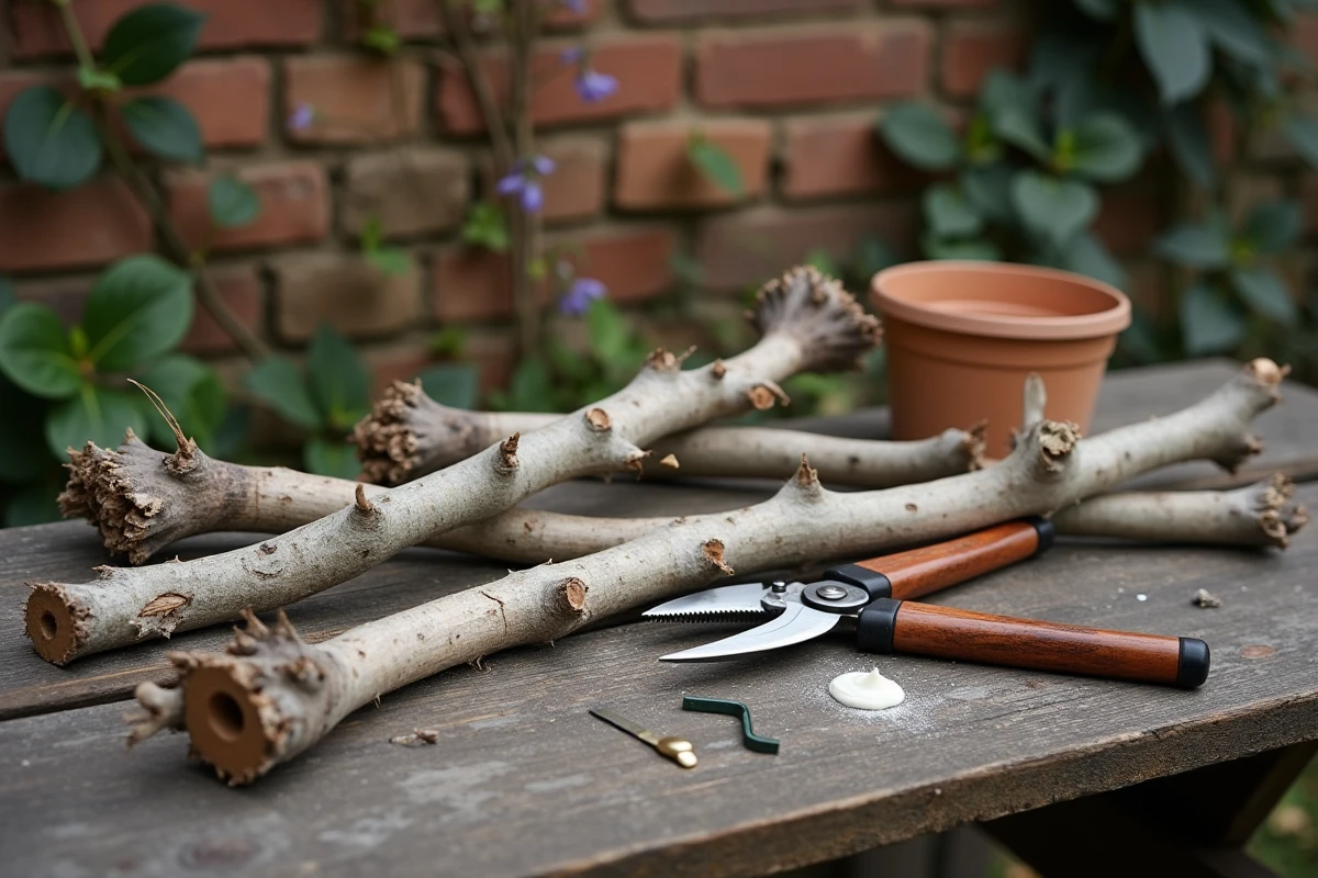 Outils de taille pour mûrier posés sur une table de jardin avec des branches coupées au printemps