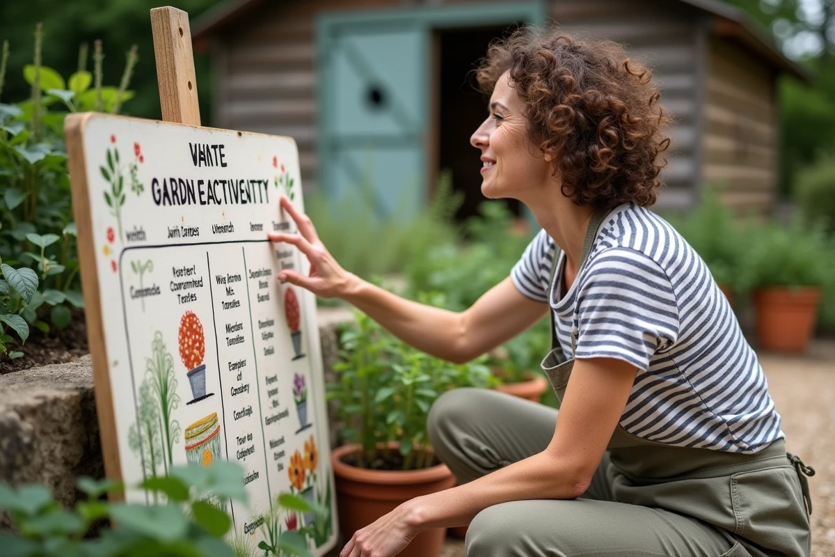 Femme consultant un panneau d'activités illustré dans un jardin partagé avec des pots en terre cuite et une allée en gravier