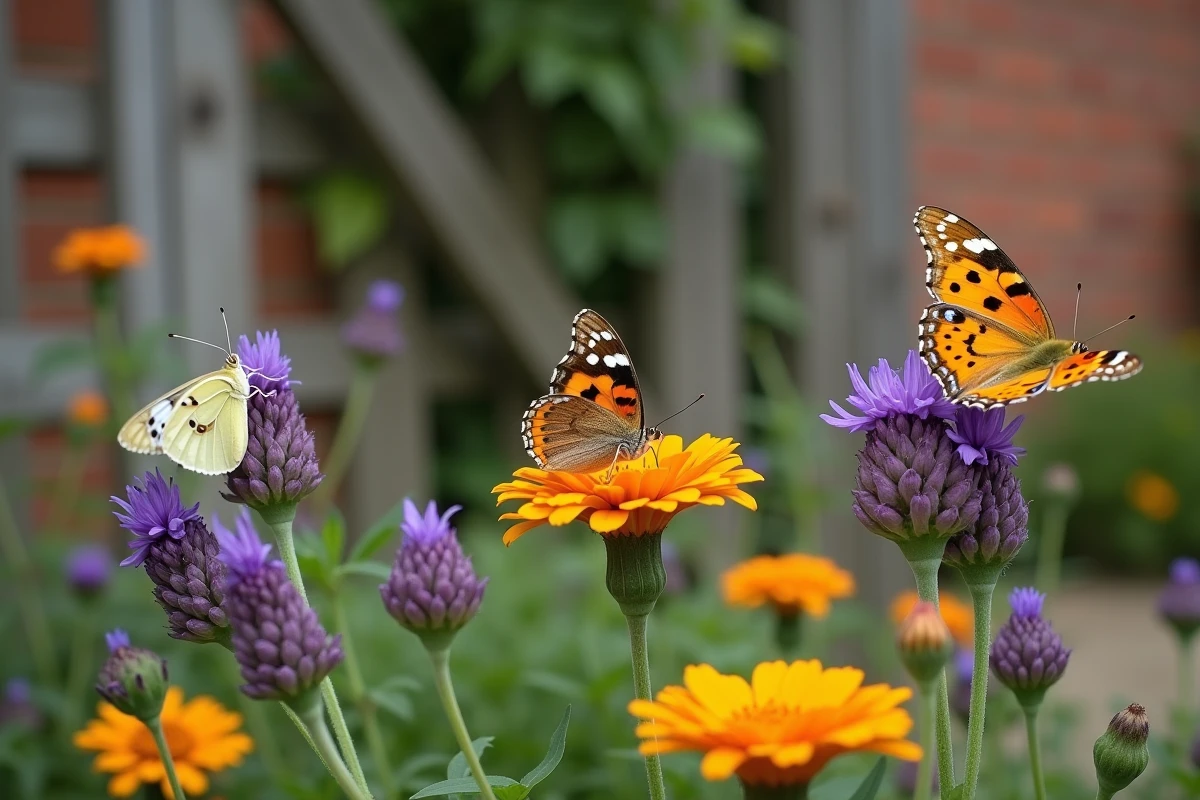 Trois papillons colorés posés sur des fleurs de lavande et de souci dans un jardin fleuri favorisant la biodiversité