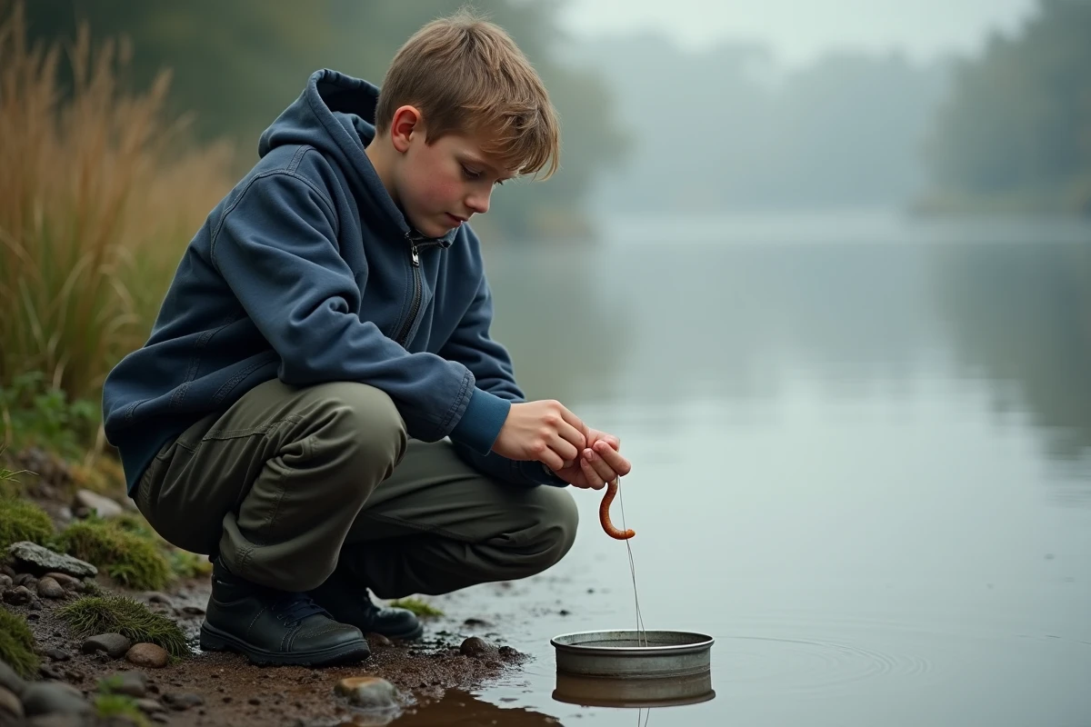 Jeune pêcheur appâtant un hameçon avec un ver de terre au bord d'une rivière