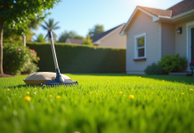 Jardin avec pelouse verte ensemencée ensoleillée