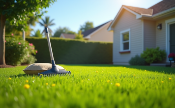 Regarnir pelouse : comment avoir une belle pelouse après scarification ? Jardin avec pelouse verte ensemencée ensoleillée