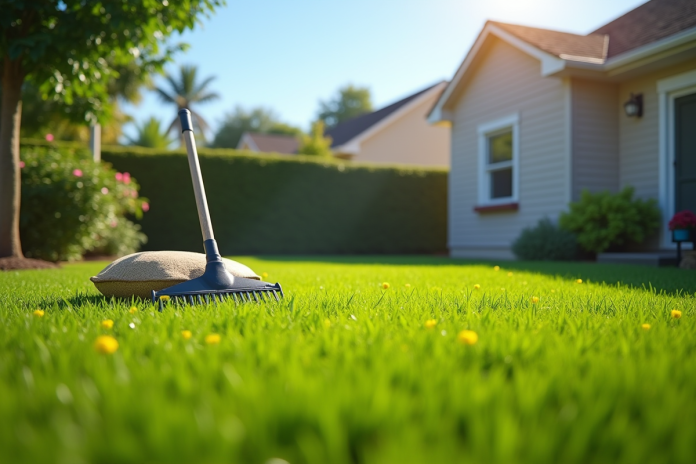 Jardin avec pelouse verte ensemencée ensoleillée