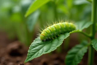 Petite chenille verte sur une feuille de jardin en gros plan, montrant ses détails naturels et sa texture segmentée