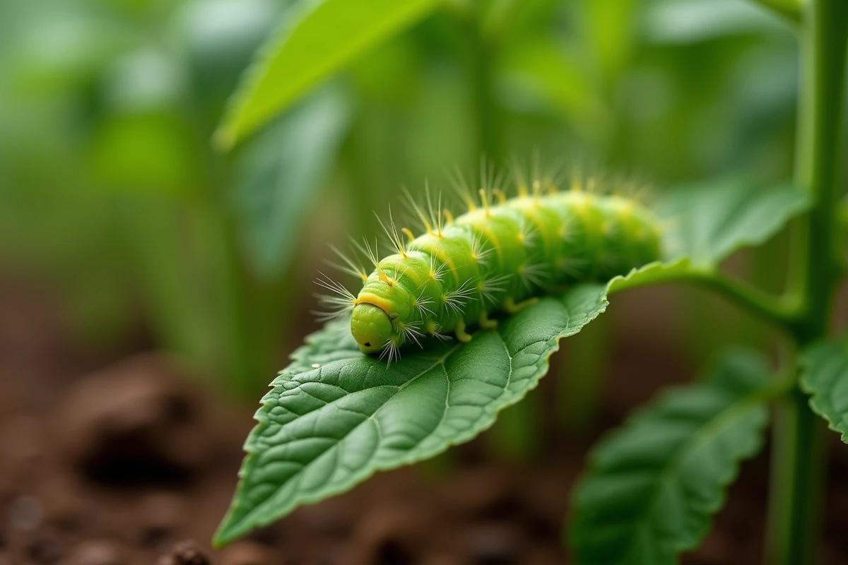 Petite chenille verte sur une feuille de jardin en gros plan, montrant ses détails naturels et sa texture segmentée