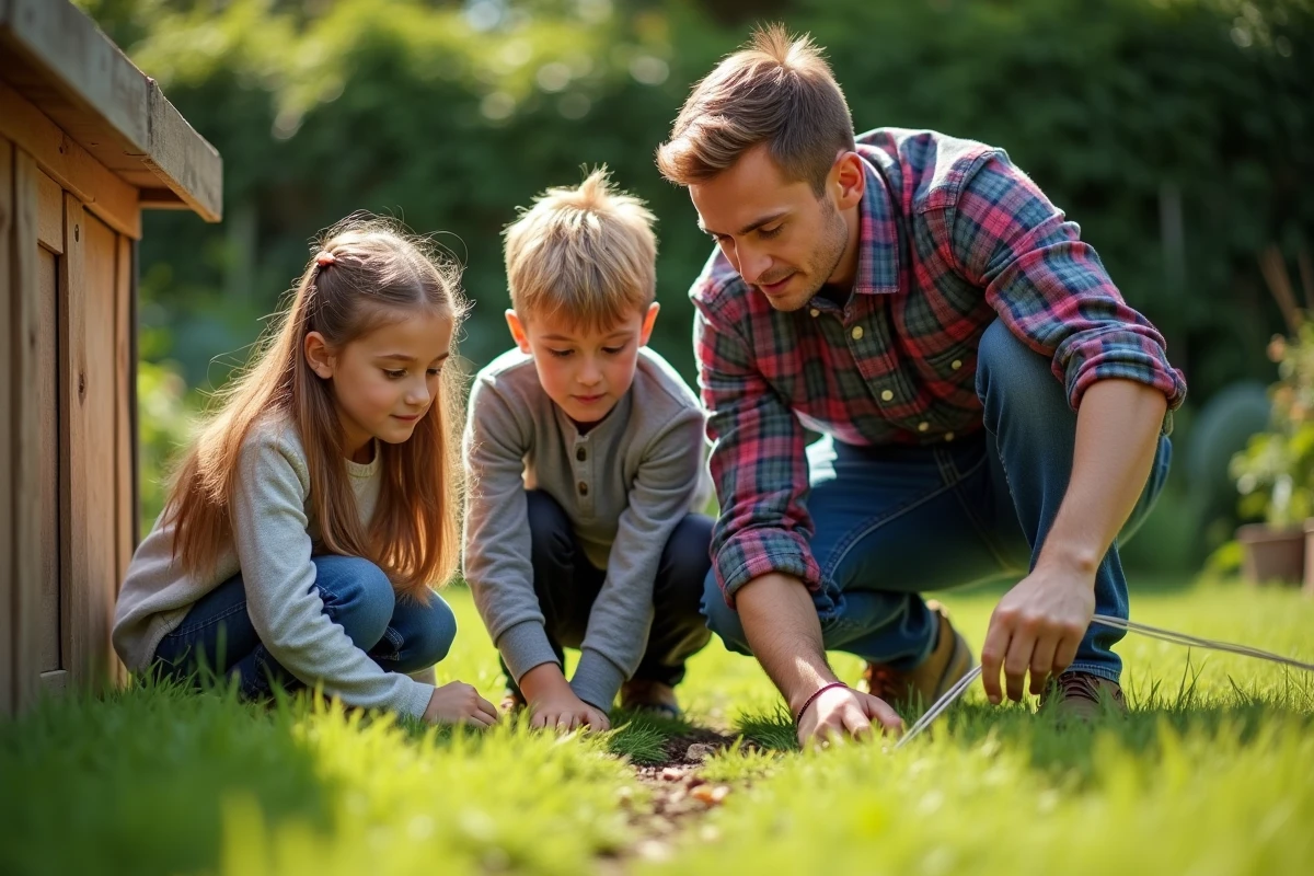Père et enfants observant l'installation d'un piège anti-taupe sans danger dans le jardin familial