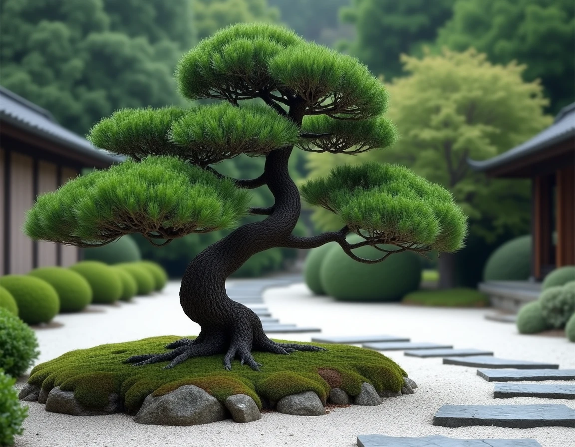 Pin noir japonais planté en pleine terre dans un jardin zen minimaliste avec gravier ratissé et pierres de pas japonais