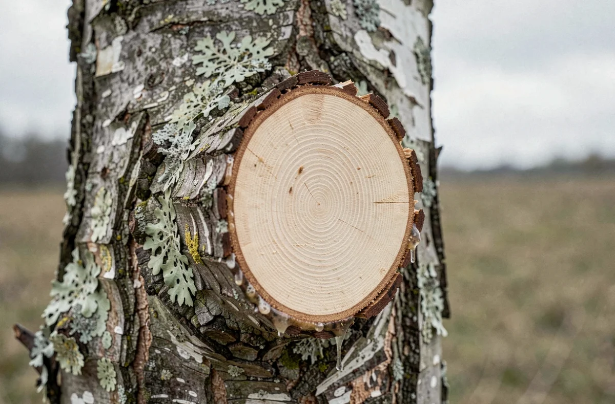 Gros plan sur une plaie de taille fraîche sur un tronc de peuplier révélant le bois et l'écorce