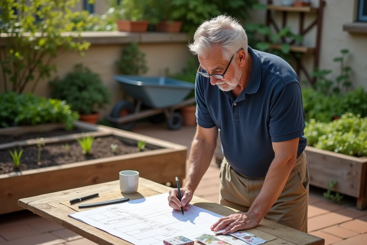 Homme planifiant son potager en carrés avec un plan de plantation sur papier quadrillé entouré de sachets de graines au jardin