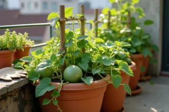 Plant de melon en pot en terre cuite sur un balcon urbain avec tuteur en bambou et petits melons verts visibles