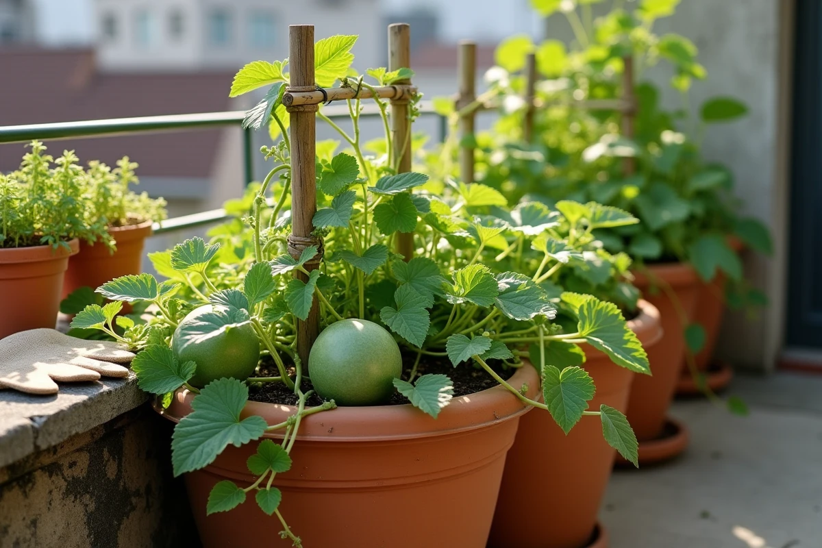 Plant de melon en pot en terre cuite sur un balcon urbain avec tuteur en bambou et petits melons verts visibles