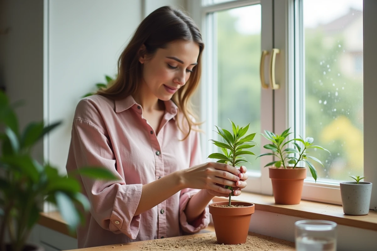 Jeune femme plantant une bouture de laurier rose dans un pot en terre cuite sur un rebord de fenêtre intérieur