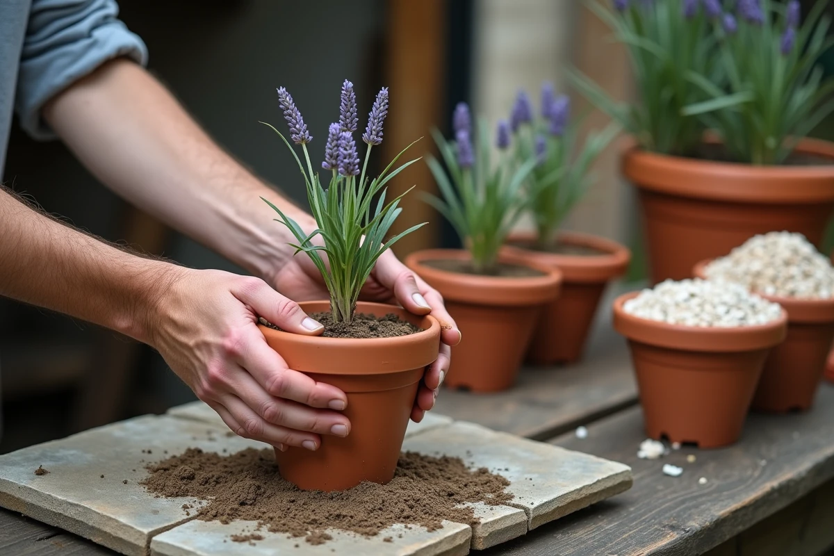 Mains plantant une bouture de lavande dans un pot en terre cuite rempli de terreau sableux