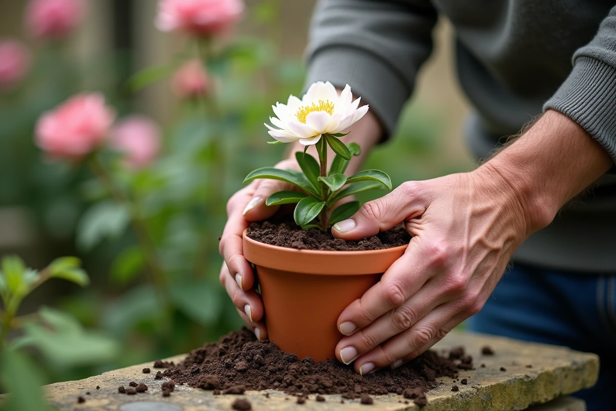 Mains d'un jardinier plantant une bouture de pivoine arbustive dans un pot en terre cuite sur un muret de pierre
